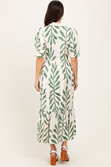 Olive Leaf Print Scallop Trim Midi Shirt Dress