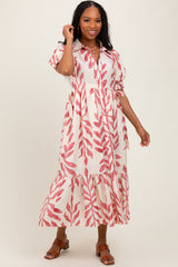Pink Leaf Print Scallop Trim Midi Shirt Dress