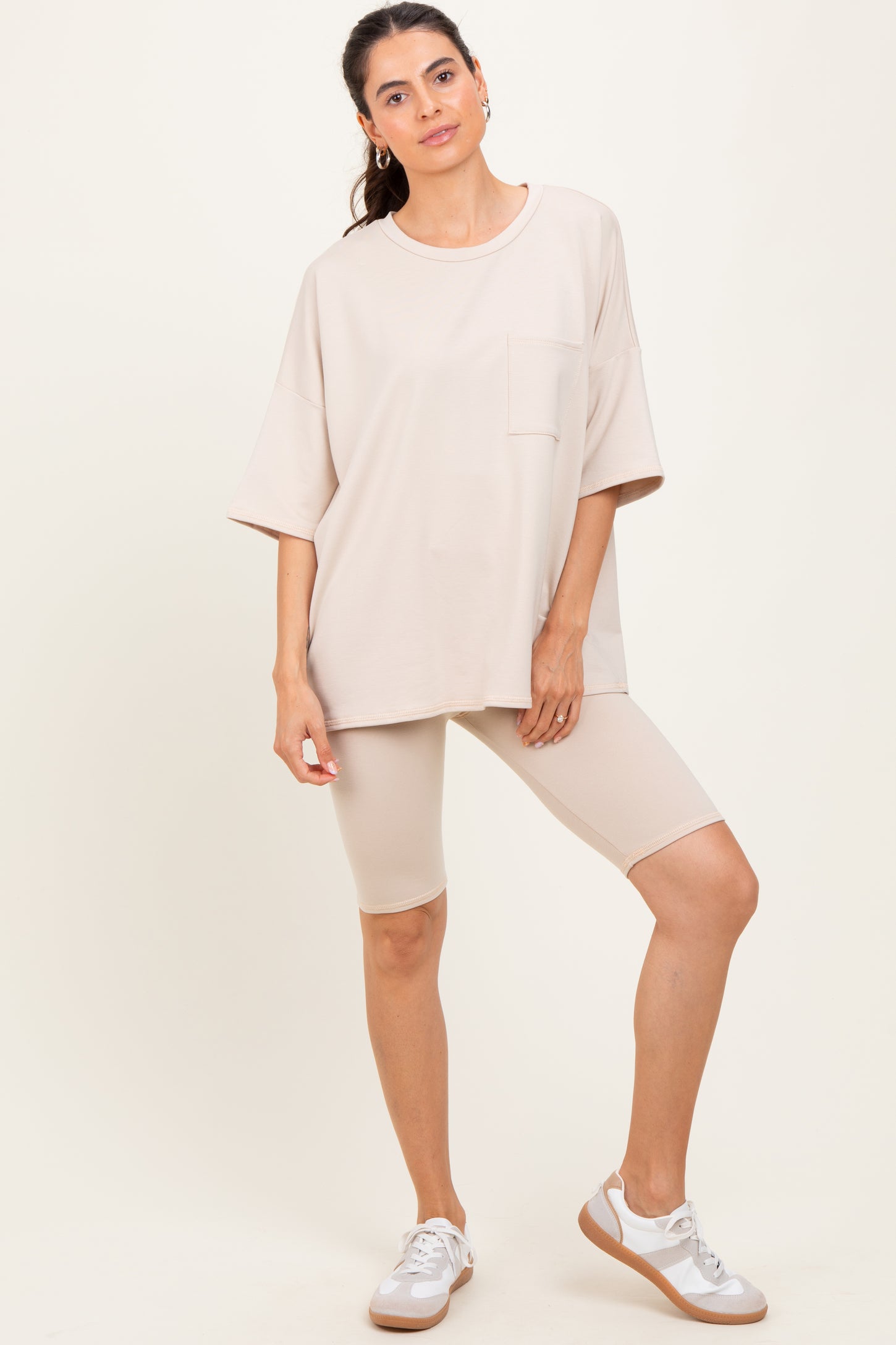 Beige Oversized Short Sleeve Biker Short Maternity Set