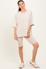 Beige Oversized Short Sleeve Biker Short Maternity Set