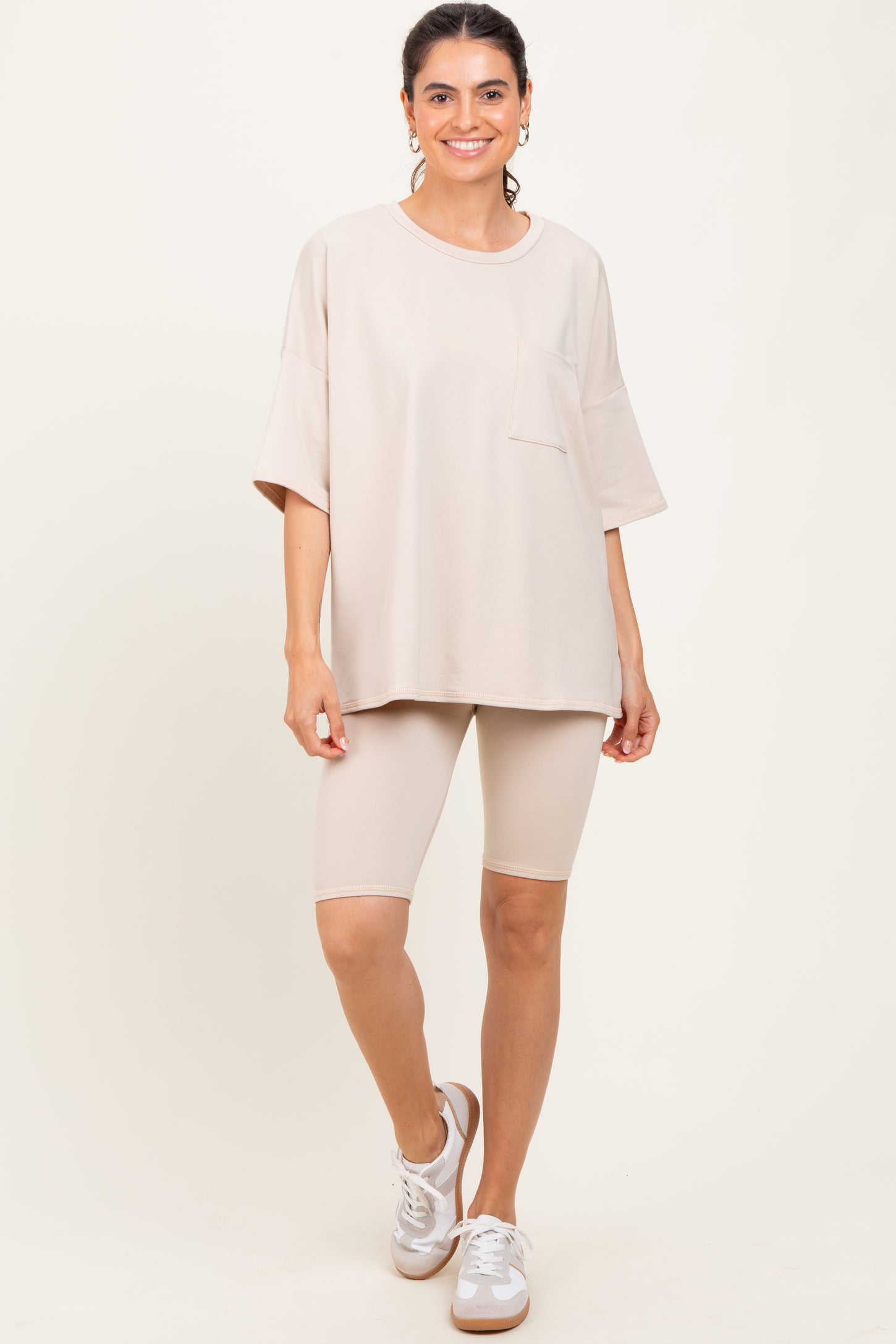 Beige Oversized Short Sleeve Biker Short Set