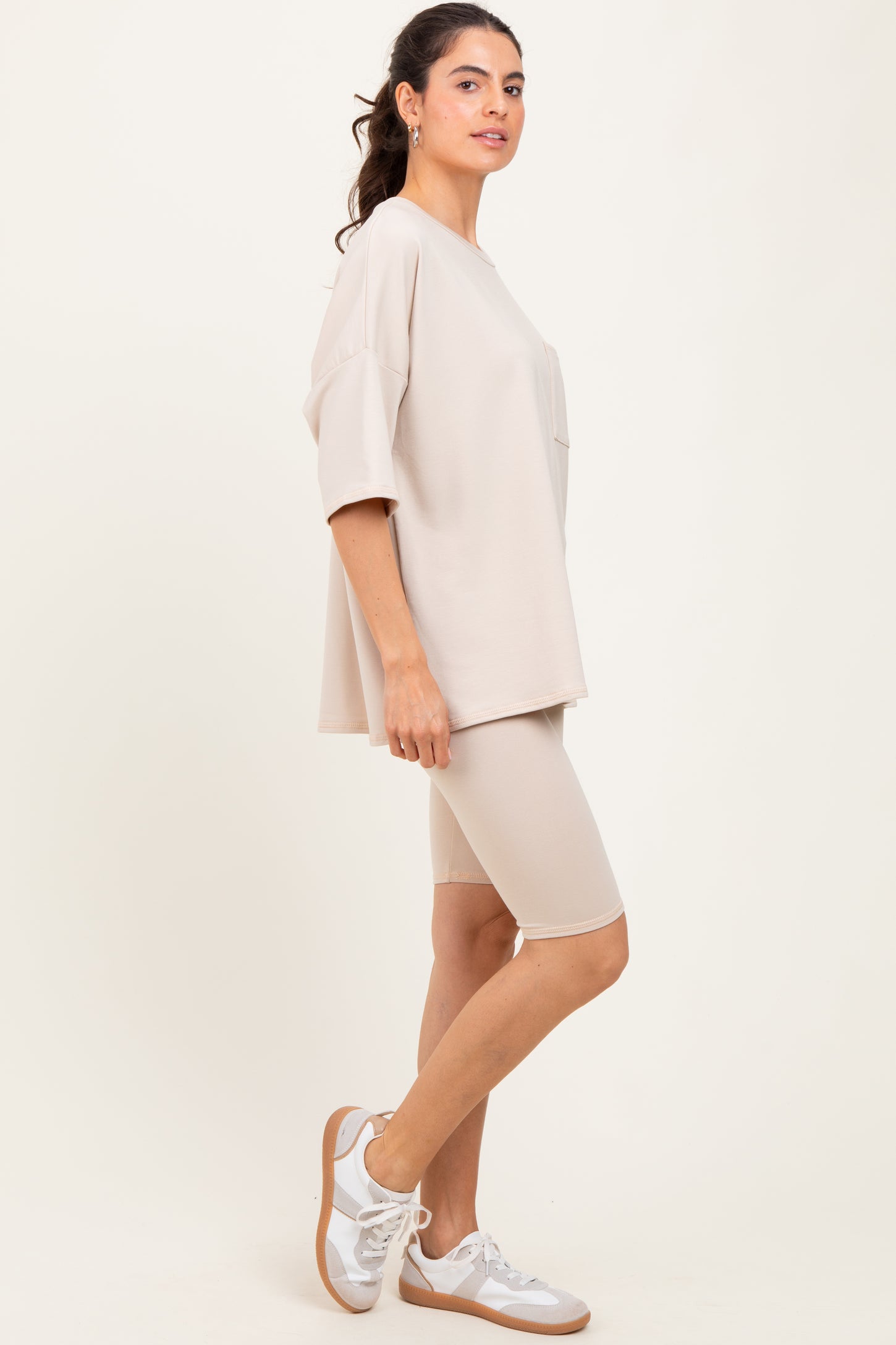 Beige Oversized Short Sleeve Biker Short Set