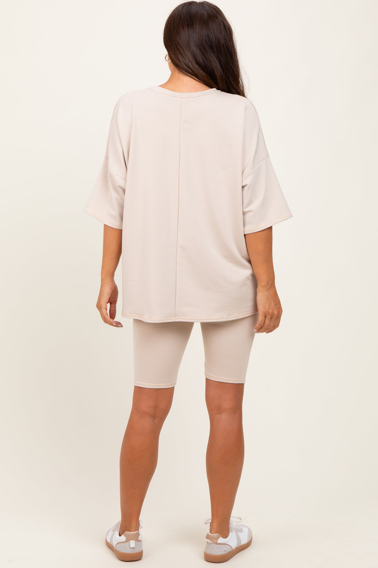 Beige Oversized Short Sleeve Biker Short Maternity Set