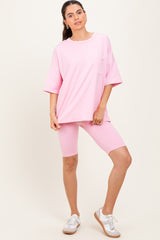 Light Pink Oversized Short Sleeve Biker Short Set