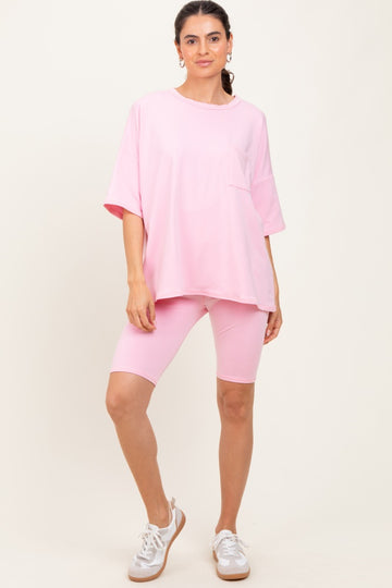 Light Pink Oversized Short Sleeve Biker Short Set