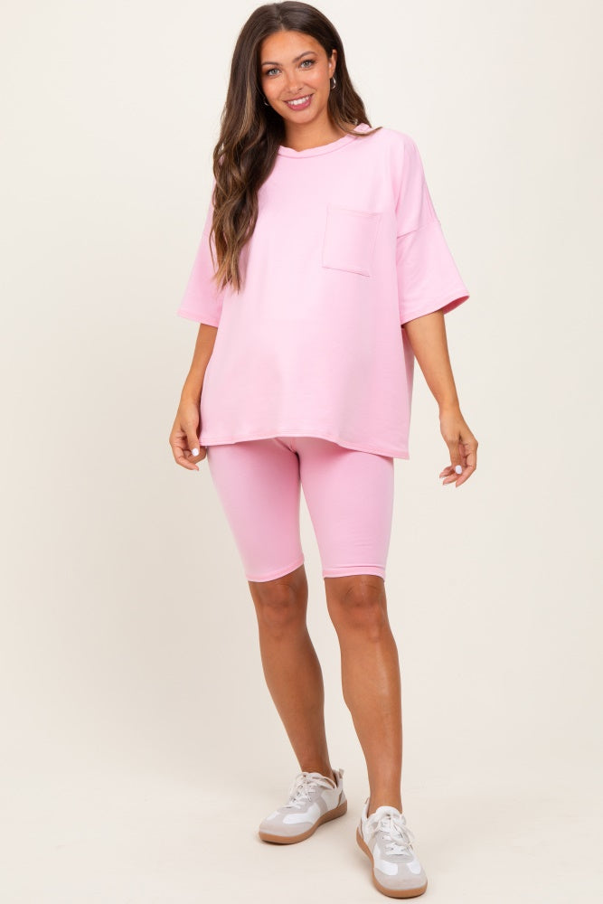 Light Pink Oversized Short Sleeve Biker Short Maternity Set
