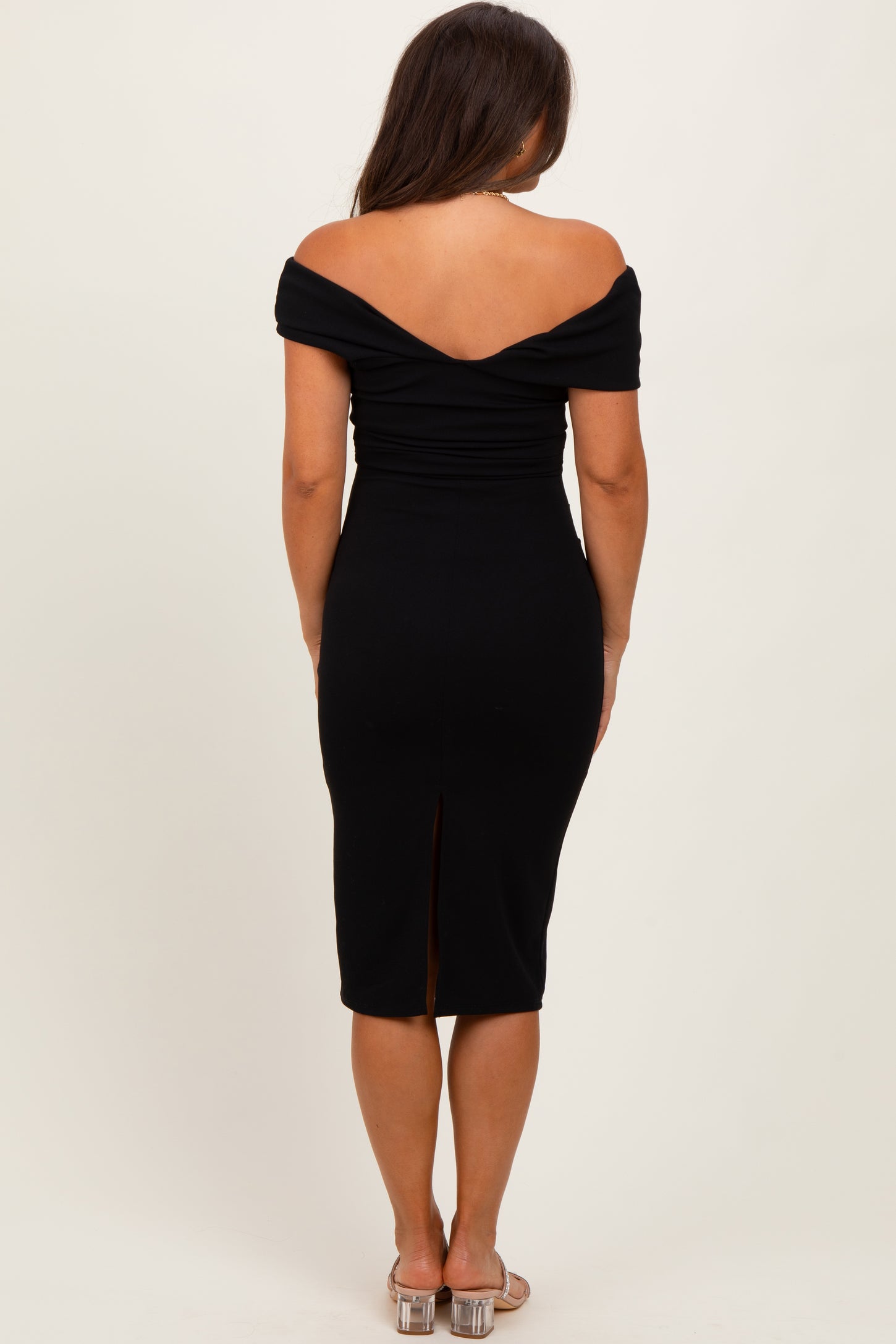 Black Off Shoulder Fitted Maternity Midi Dress