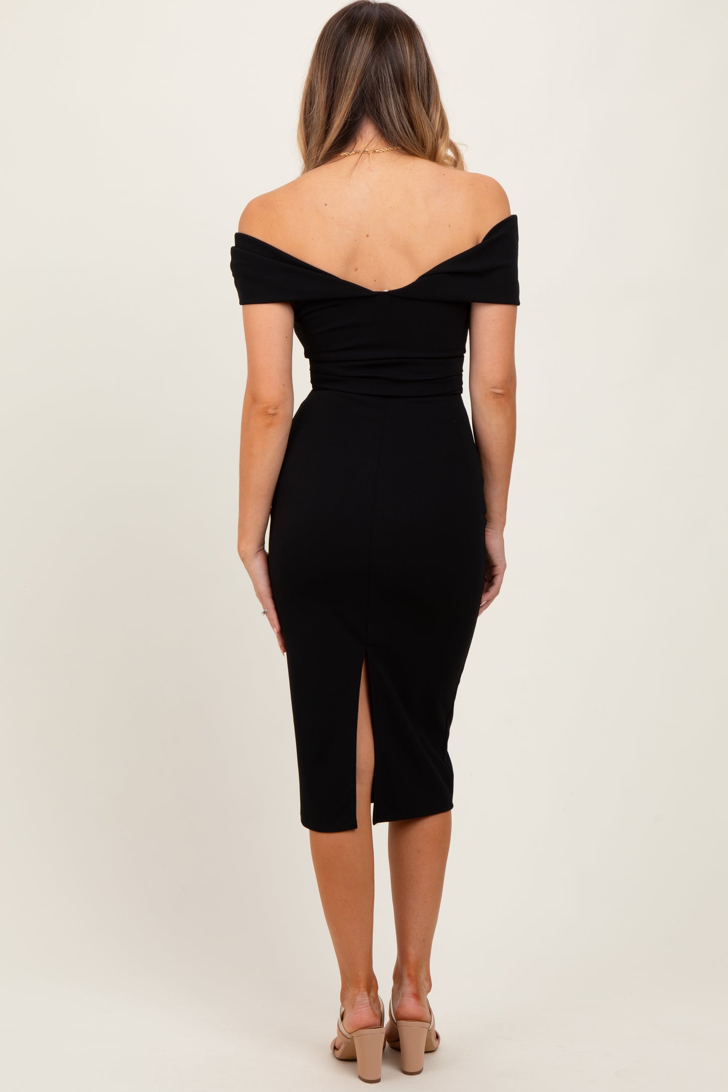 Black Off Shoulder Fitted Midi Dress PinkBlush Black Off Shoulder Fitted Midi Dress PinkBlush