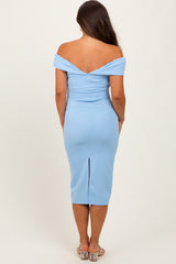 Light Blue Off Shoulder Fitted Maternity Midi Dress