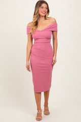 Mauve Off Shoulder Fitted Midi Dress