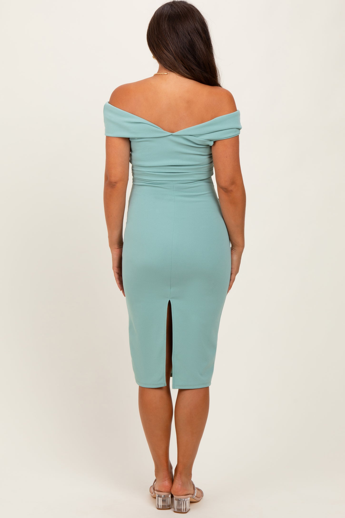 Light Olive Off Shoulder Fitted Maternity Midi Dress