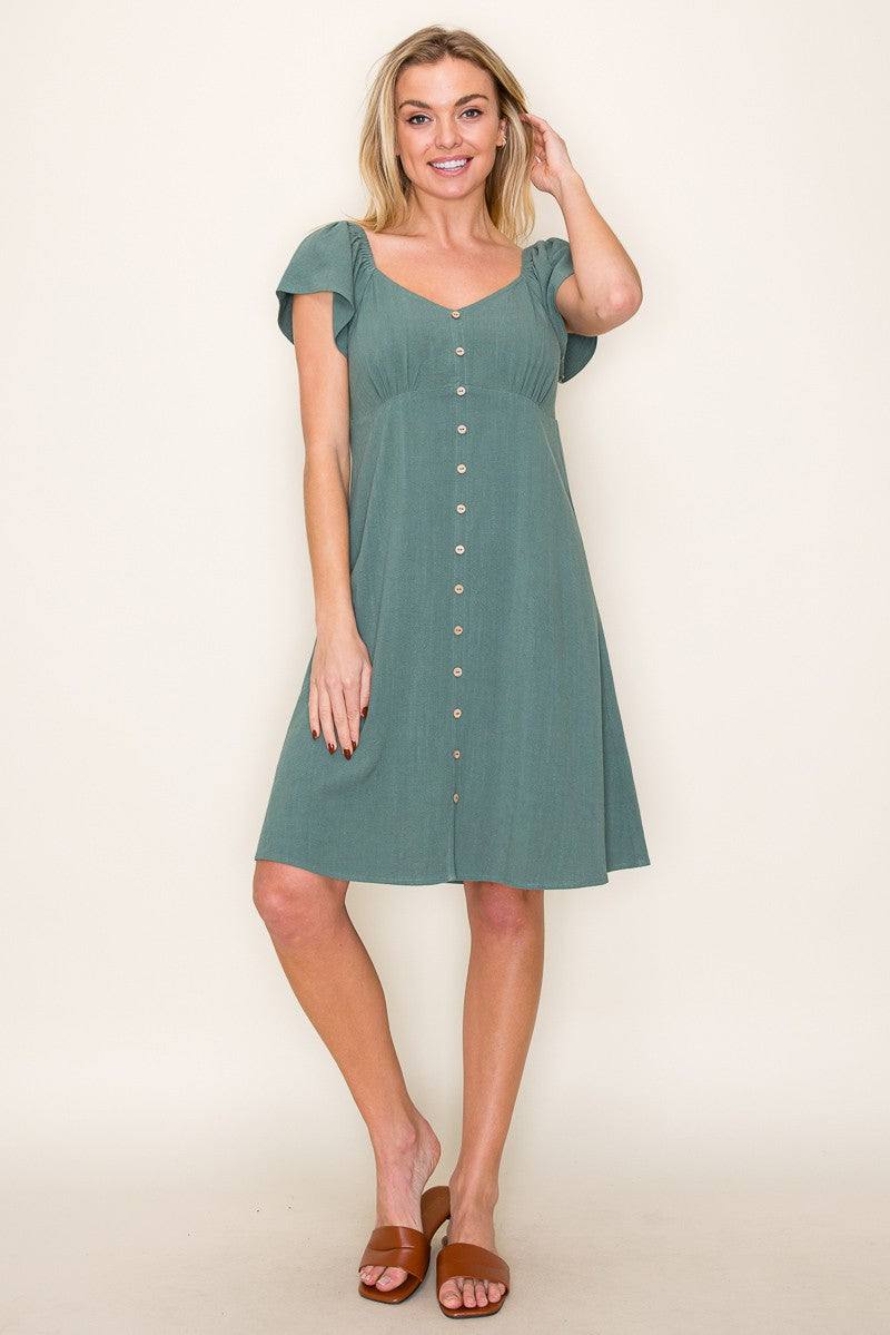 Olive Flutter Sleeve Button Accent Dress