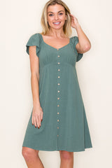 Olive Flutter Sleeve Button Accent Dress