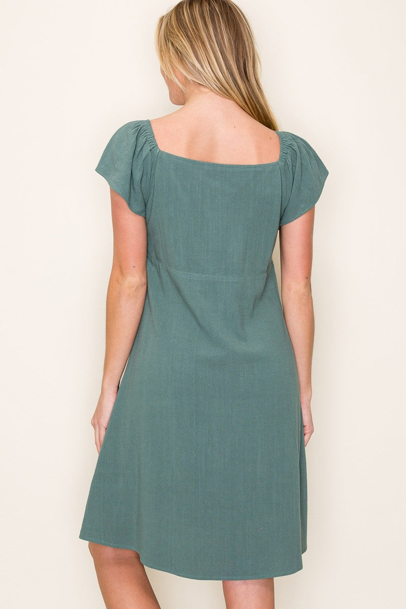 Olive Flutter Sleeve Button Accent Dress