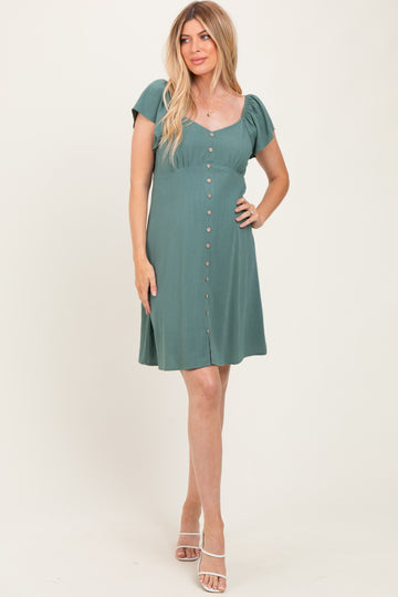 Olive Flutter Sleeve Button Accent Maternity Dress