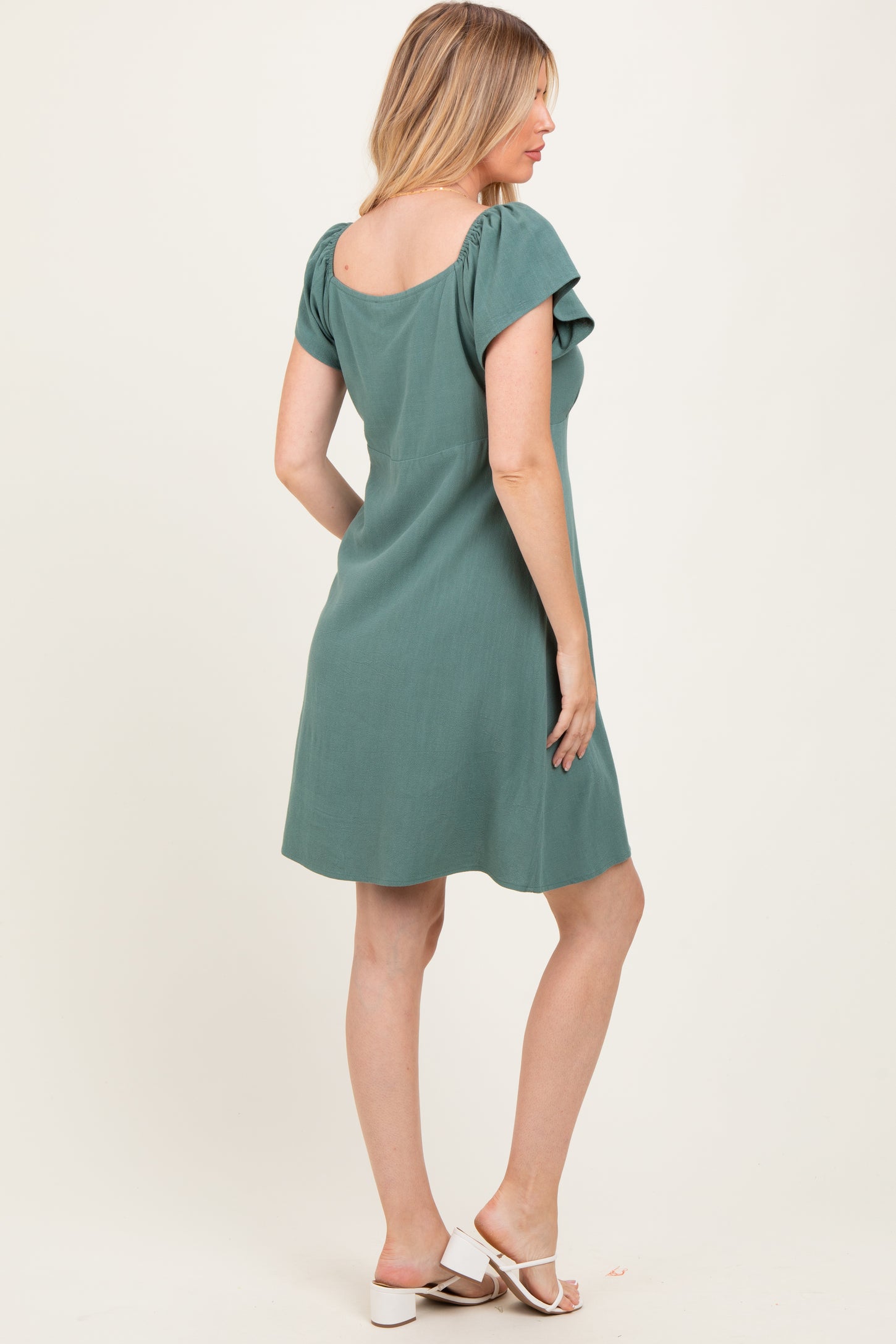 Olive Flutter Sleeve Button Accent Maternity Dress
