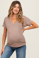Mocha Knit Stitch Accent Maternity Short Sleeve Top