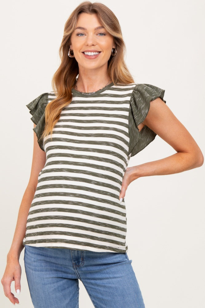 Olive Ribbed Striped Flutter Sleeve Maternity Top
