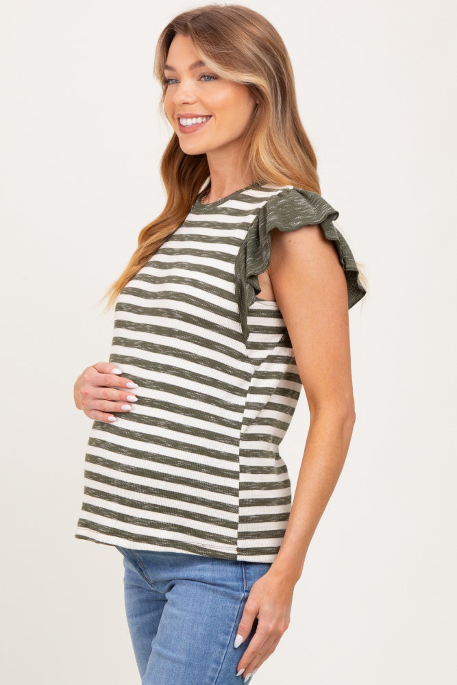 Olive Ribbed Striped Flutter Sleeve Maternity Top