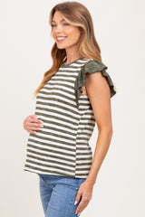 Olive Ribbed Striped Flutter Sleeve Maternity Top