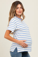 Blue Striped Terry Maternity Short Sleeve Top