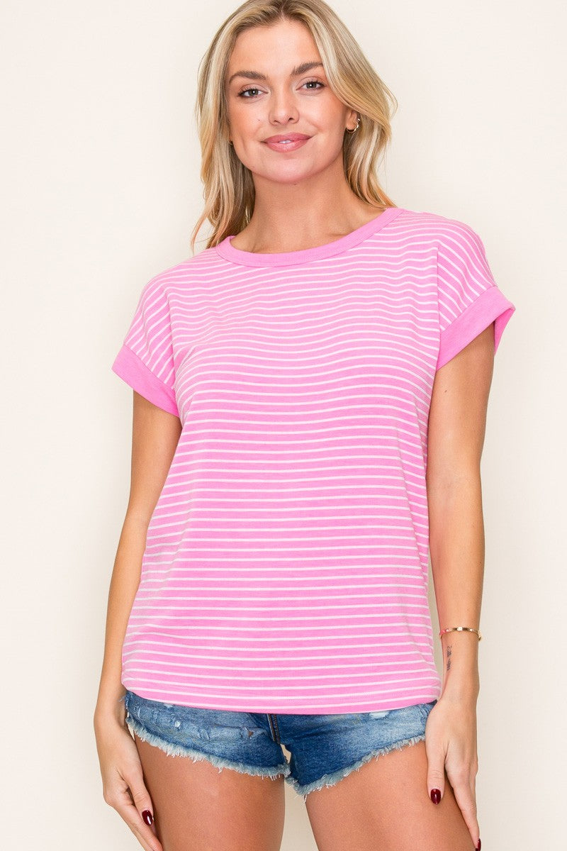 Pink Striped Terry Short Sleeve Top