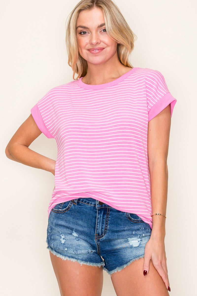 Pink Striped Terry Short Sleeve Top