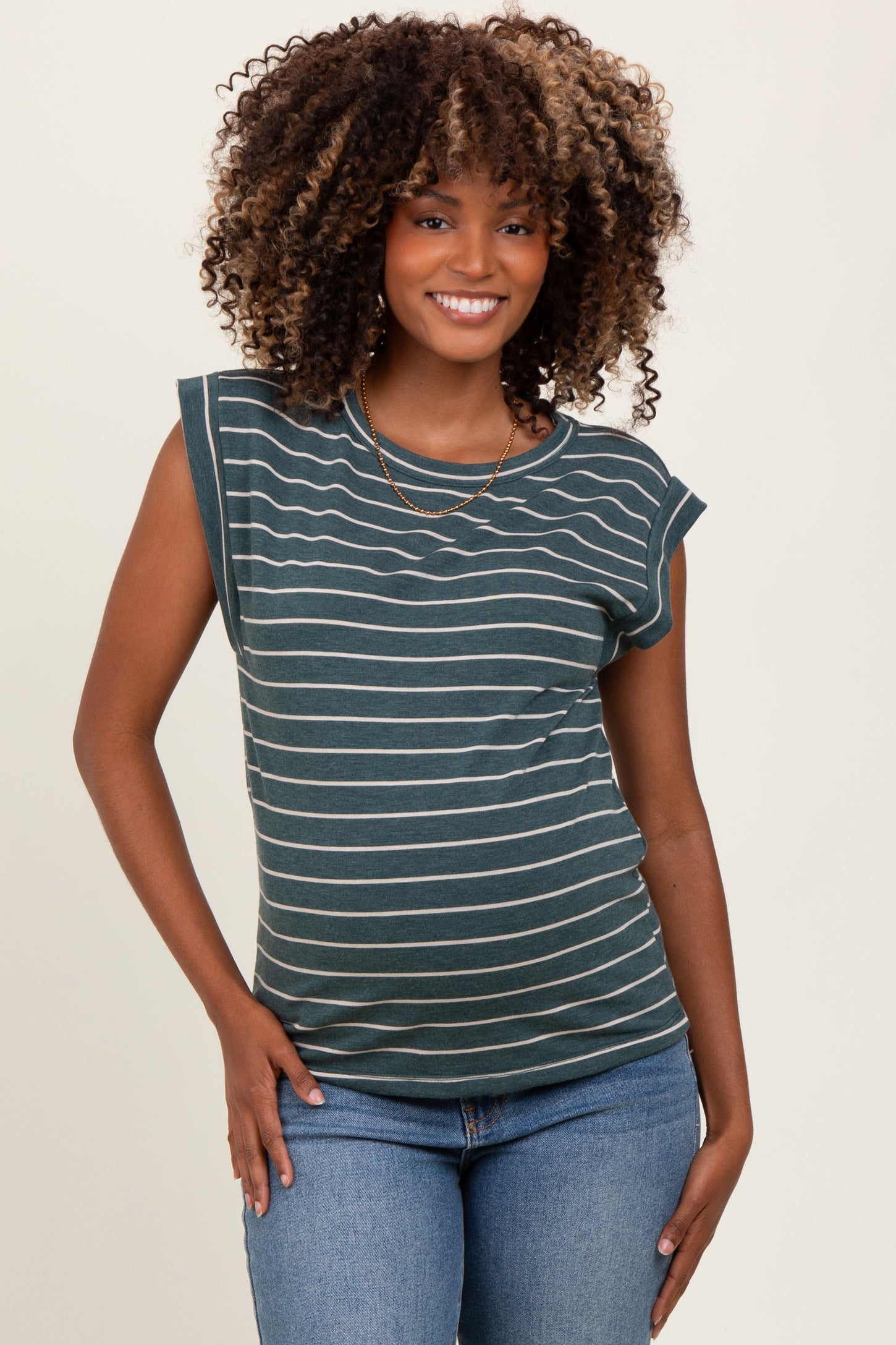 Olive Striped Terry Maternity Short Sleeve Top