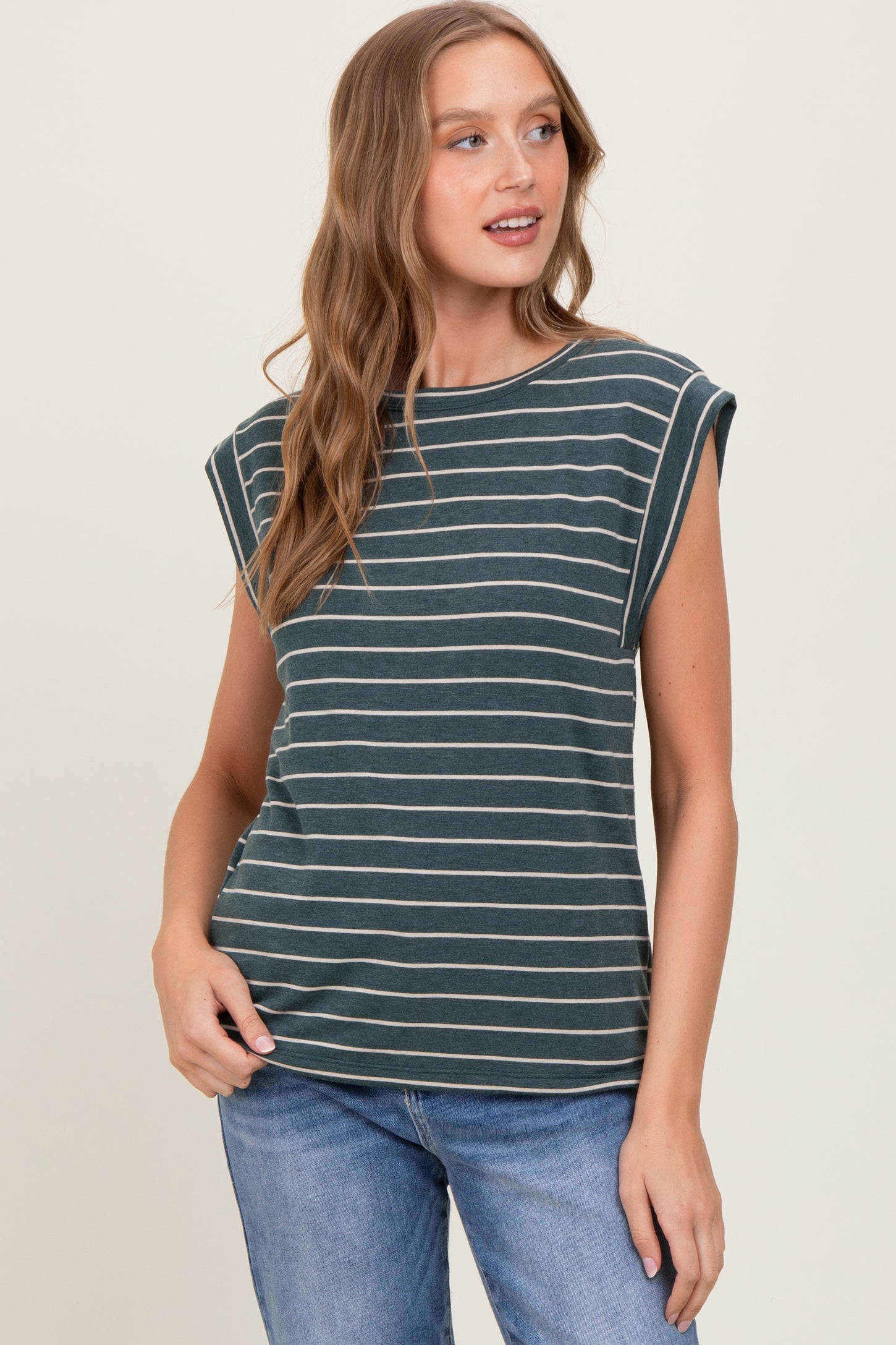 Olive Striped Terry Short Sleeve Top