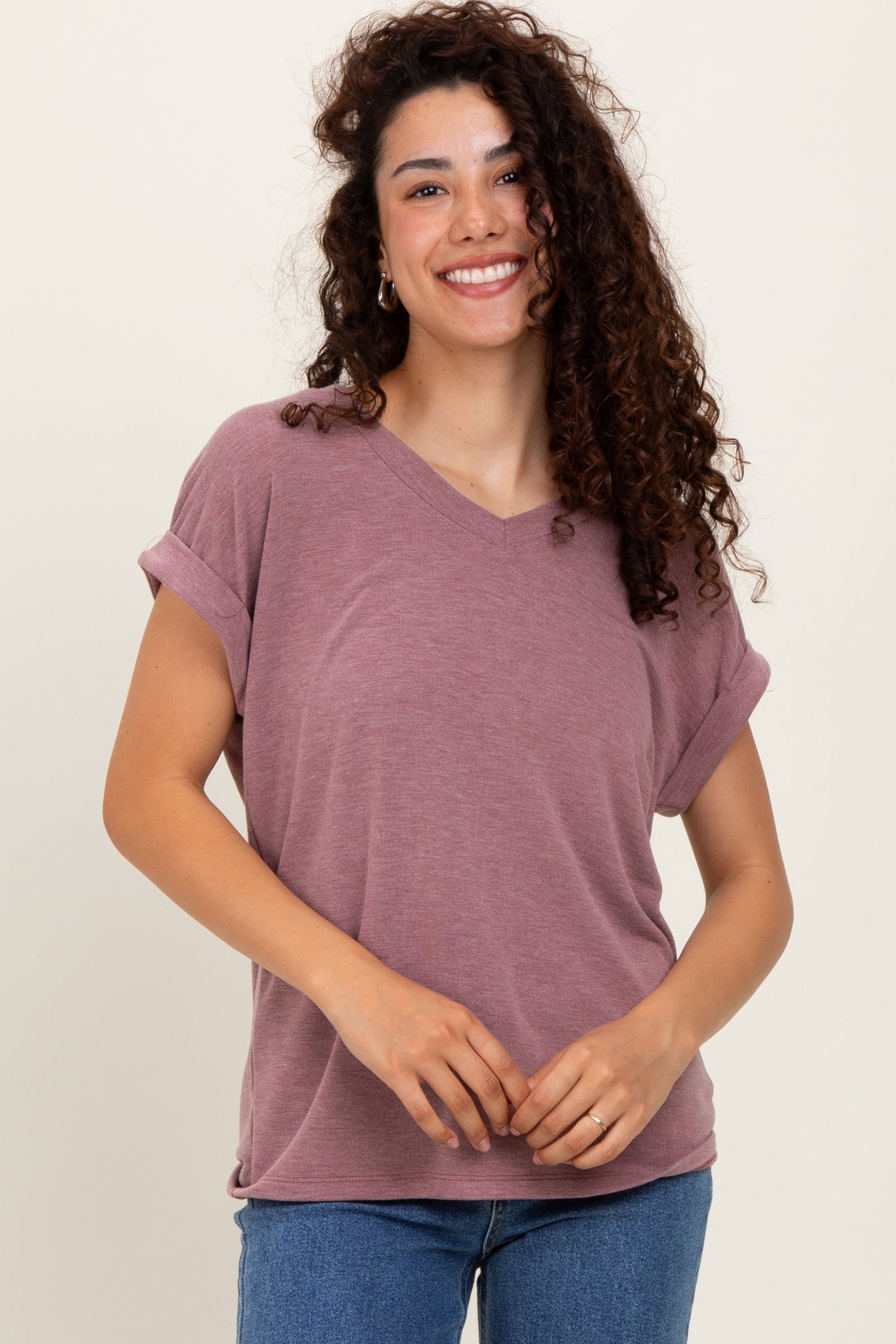 Mauve Terry V-Neck Maternity Short Sleeve Top