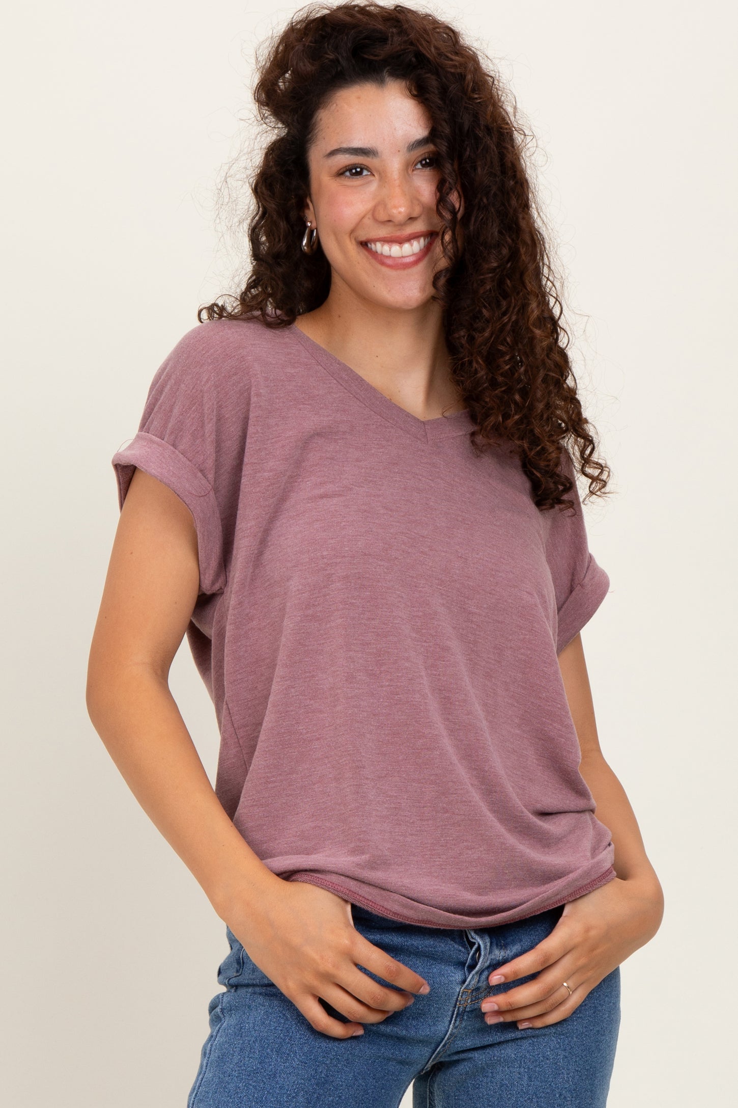 Mauve Terry V-Neck Short Sleeve Top