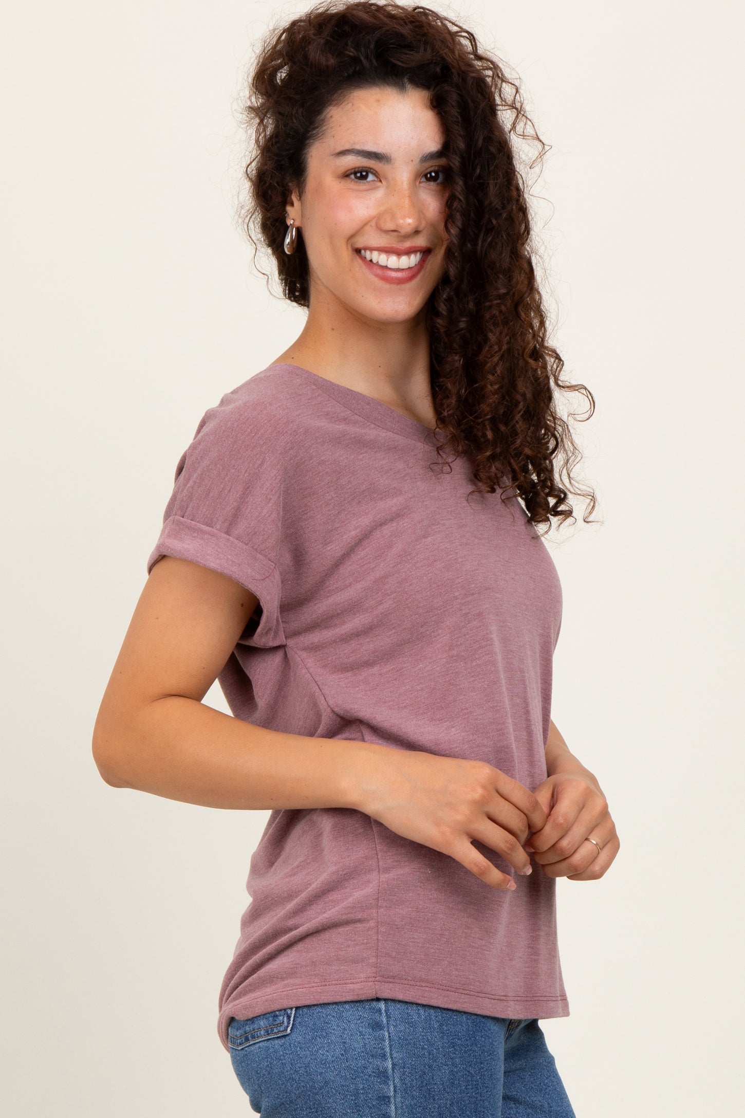 Mauve Terry V-Neck Short Sleeve Top