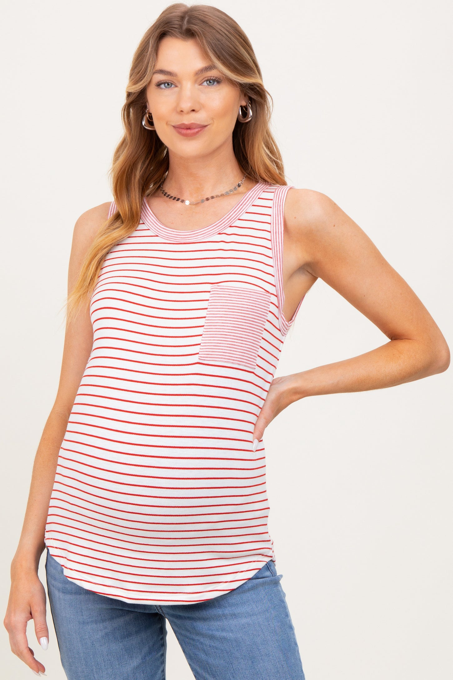 Red Striped Front Pocket Maternity Tank Top