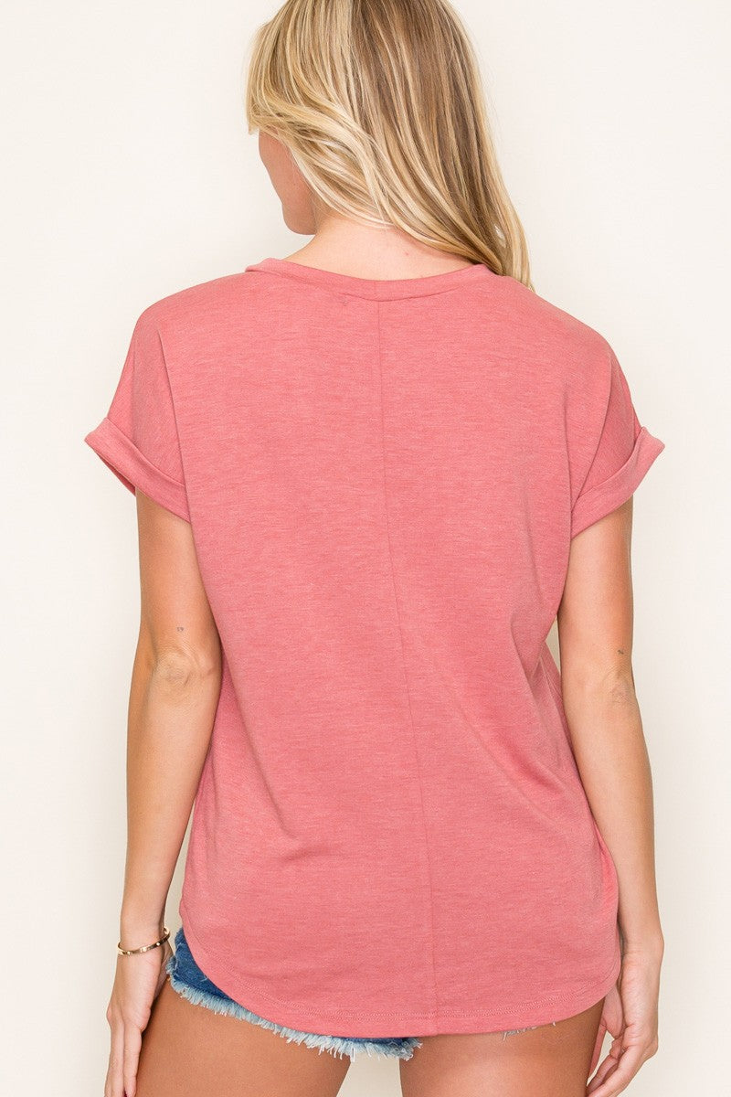 Light Coral Rolled Cuff Short Sleeve Top