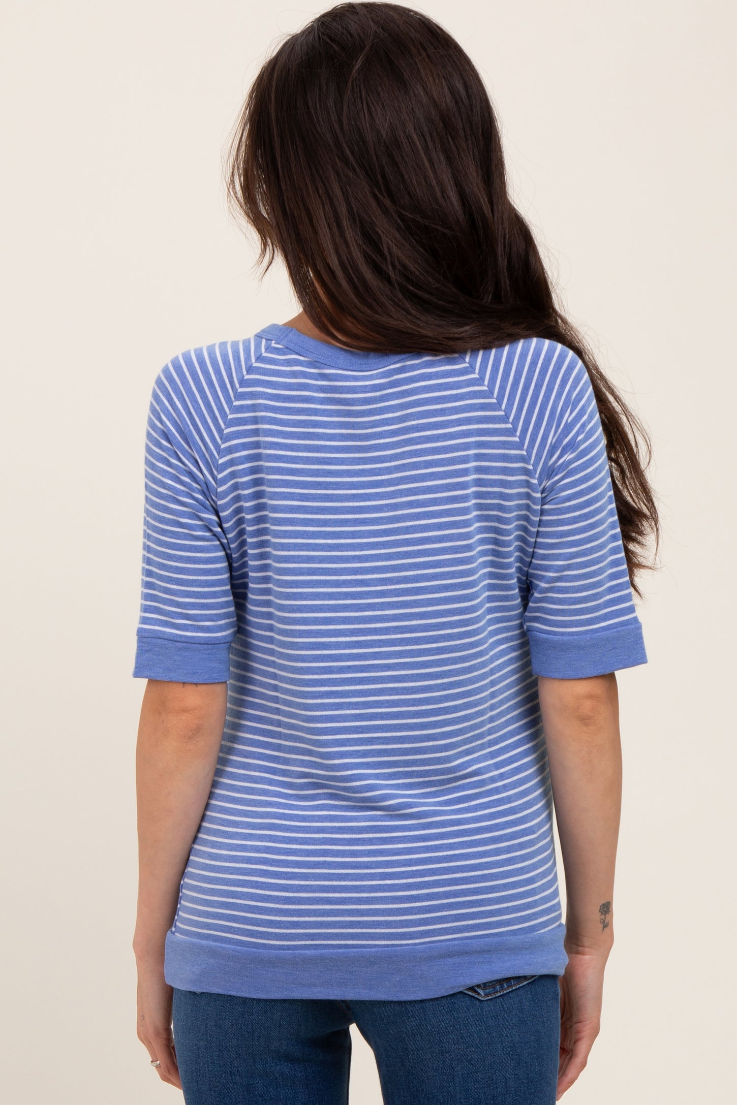 Blue Terry Striped Raglan Sleeve Maternity Top