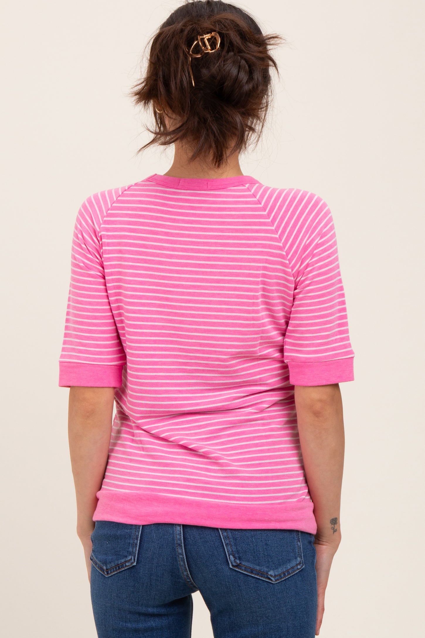 Pink Terry Striped Raglan Sleeve Maternity Top