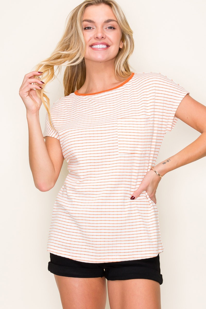 Orange Striped Knit Short Sleeve Top