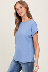 Blue Button Shoulder Detail Short Sleeve Top