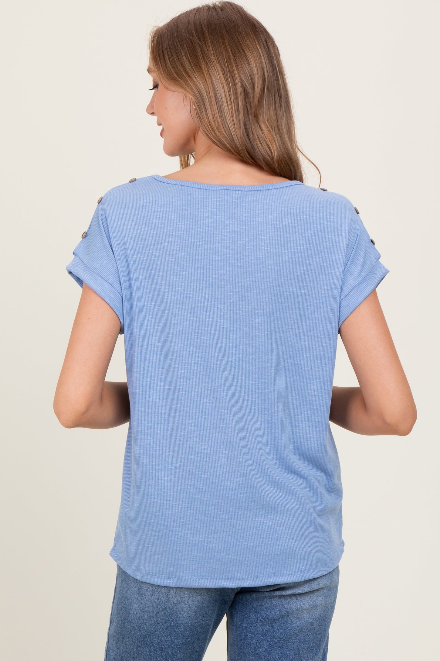 Blue Button Shoulder Detail Short Sleeve Top