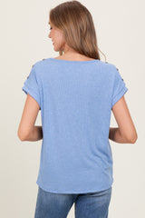 Blue Button Shoulder Detail Short Sleeve Top