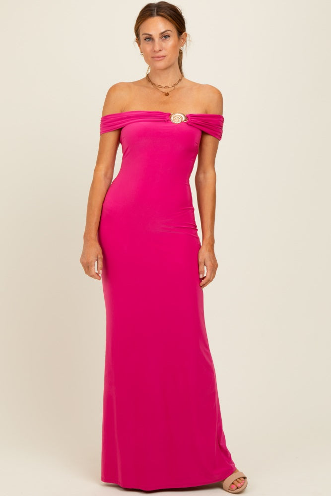 Fuchsia Off Shoulder Seashell Pendant Maxi Dress PinkBlush Fuchsia Off Shoulder Seashell Pendant Maxi Dress PinkBlush