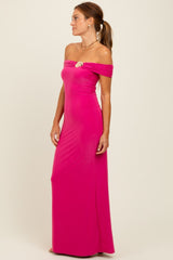 Fuchsia Off Shoulder Seashell Pendant Maxi Dress