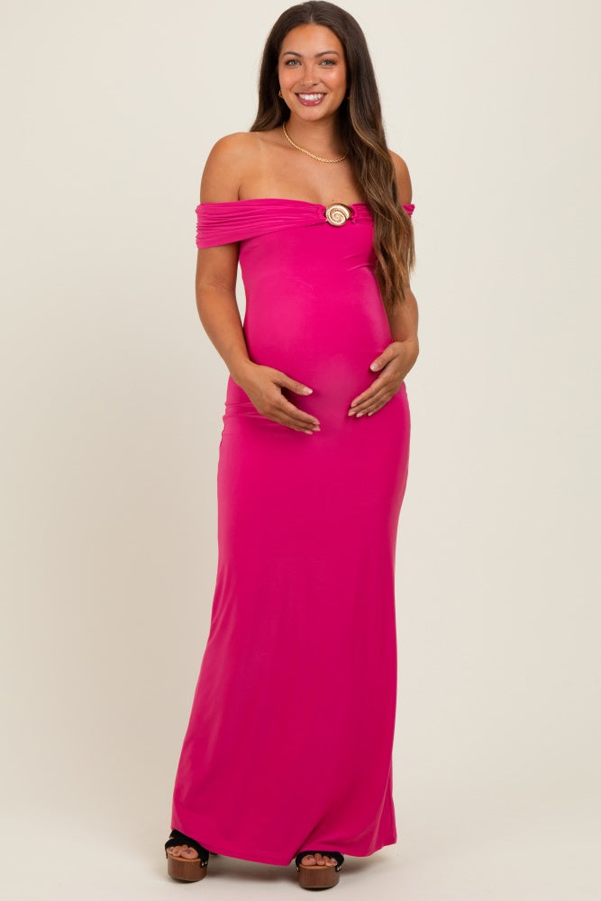 Fuchsia Off Shoulder Seashell Pendant Maternity Maxi Dress