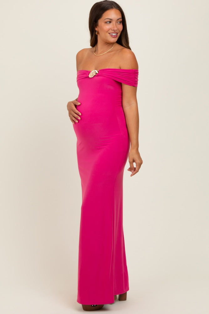 Fuchsia Off Shoulder Seashell Pendant Maternity Maxi Dress – PinkBlush