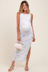 Ivory Floral Ruched Side Slit Maternity Midi Dress