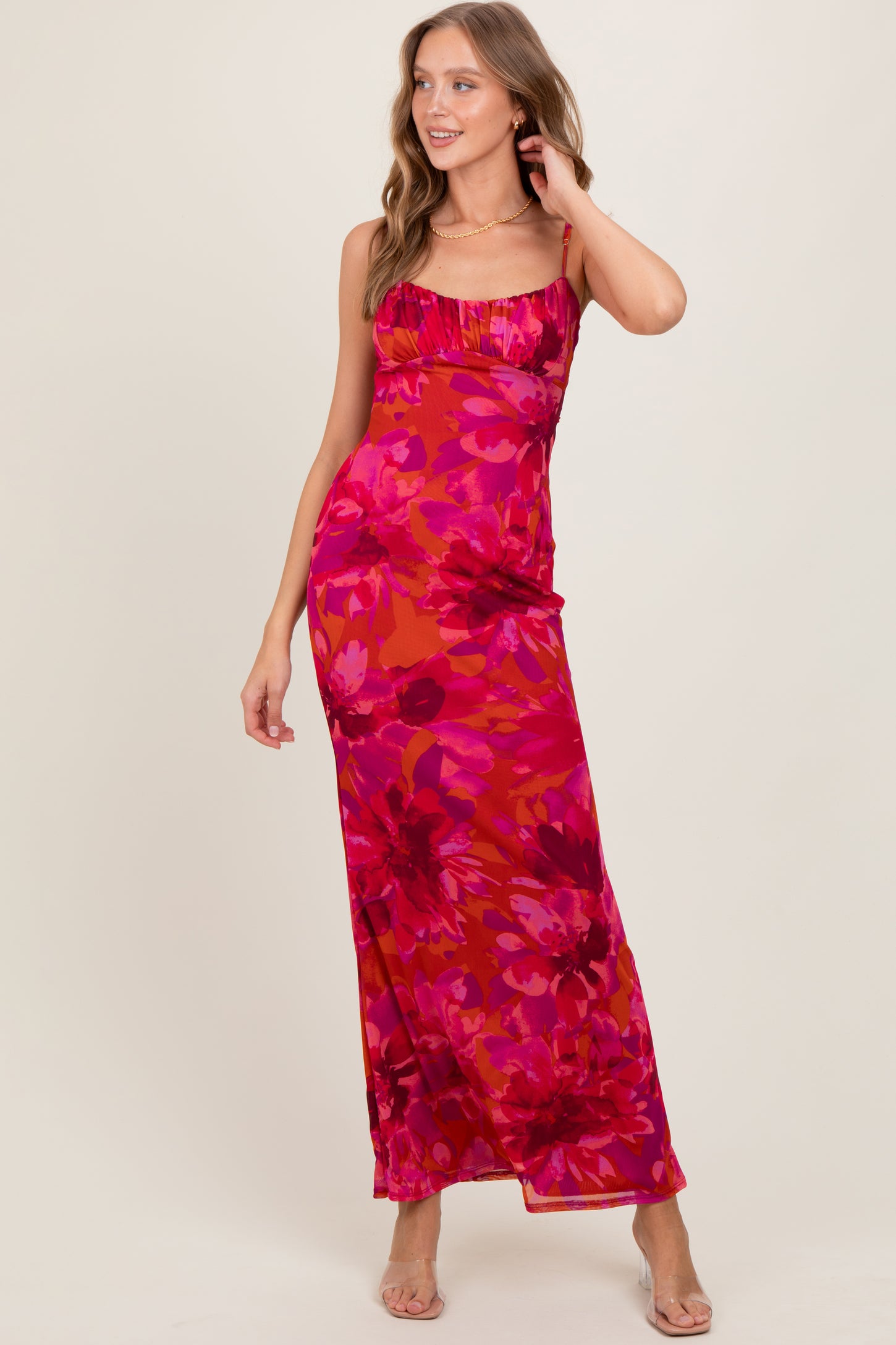 Magenta Floral Back Cutout Midi Dress