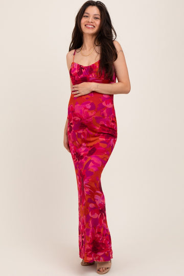 Magenta Floral Back Cutout Maternity Midi Dress