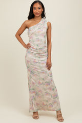Cream One Shoulder Ruched Maxi Dress