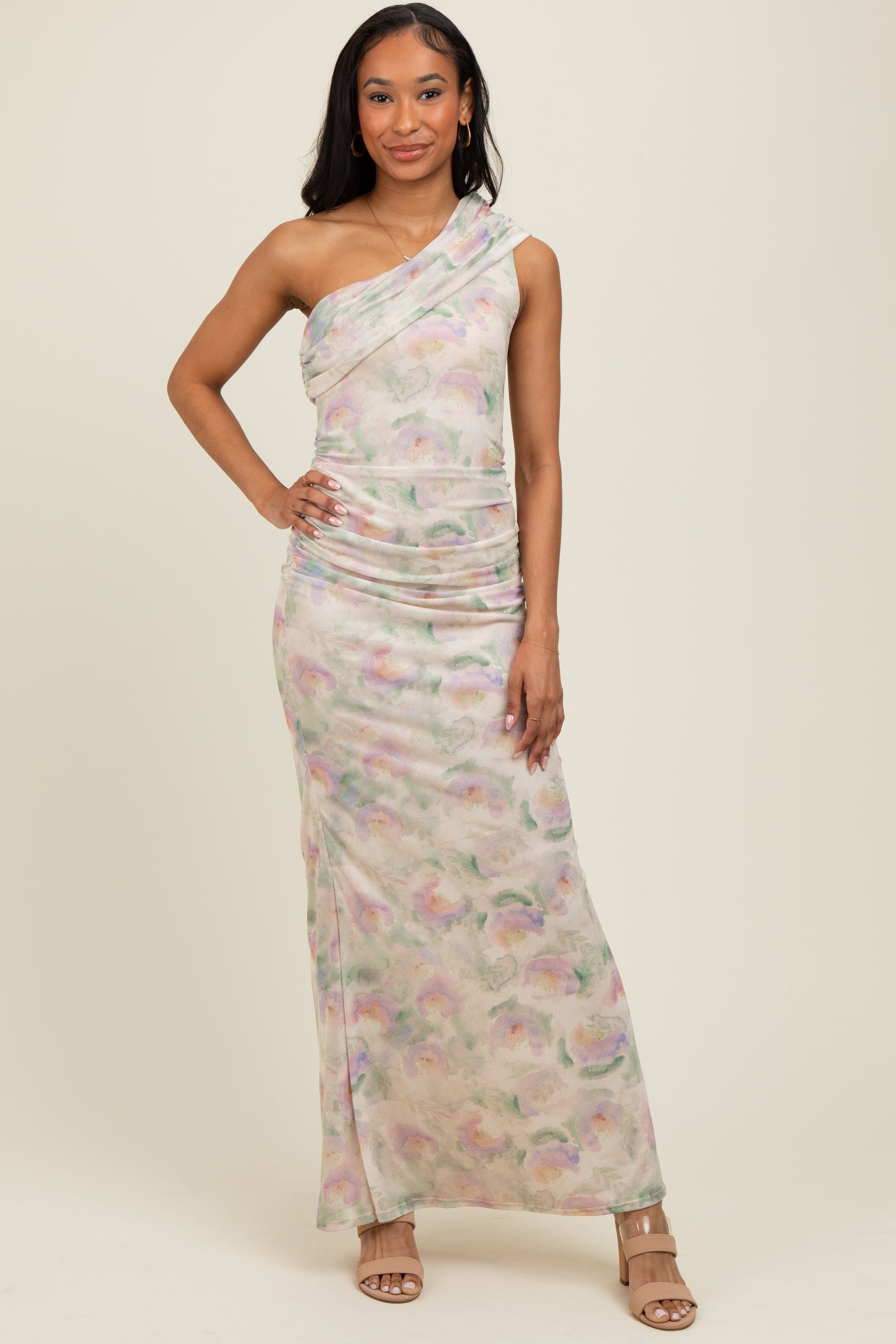 Cream One Shoulder Ruched Maxi Dress – PinkBlush
