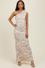 Cream One Shoulder Ruched Maxi Dress